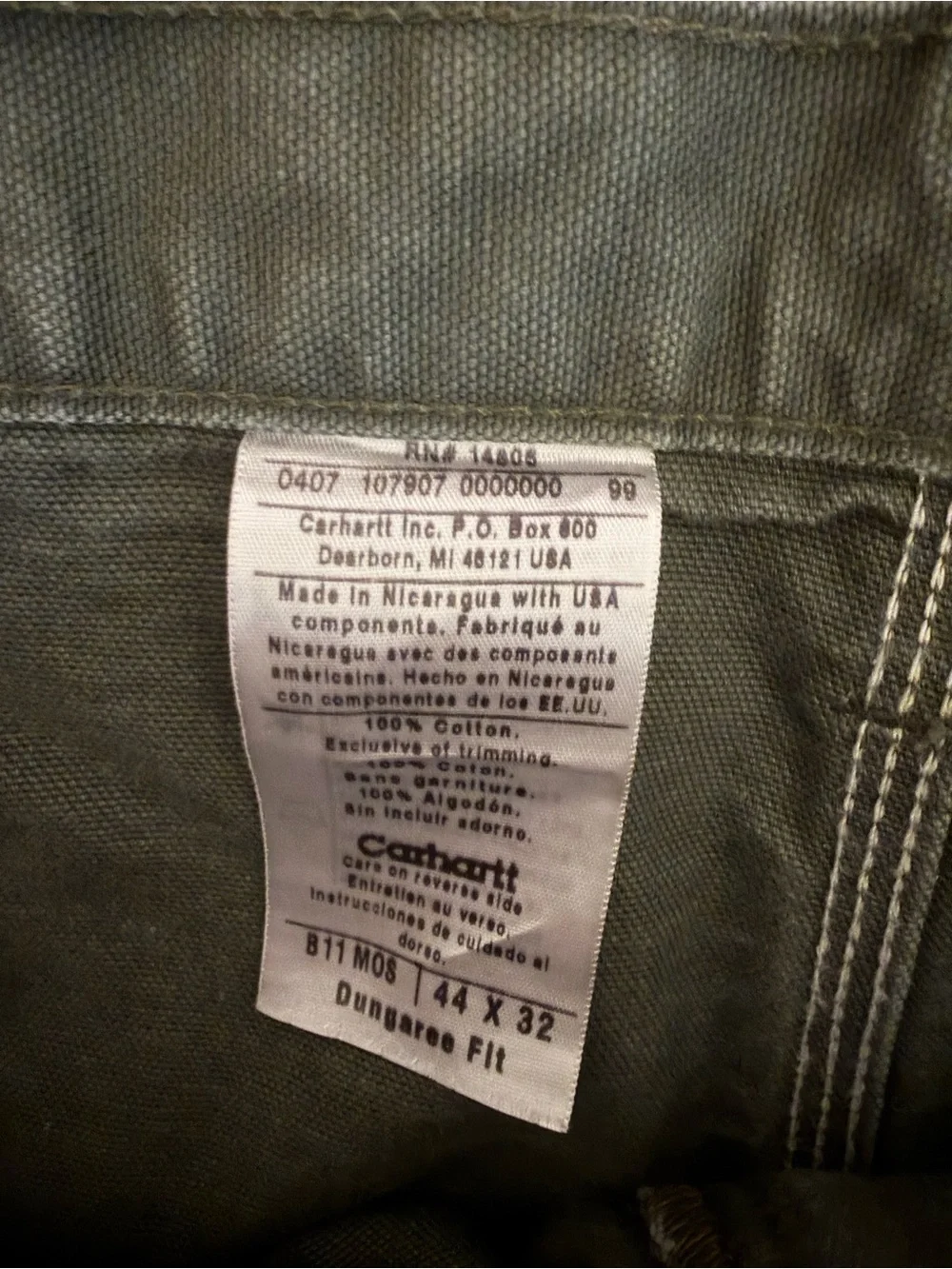 Vintage Carhartt B11 MOS Dungaree Fit Carpenter Pants 44x32 Made USA Comp